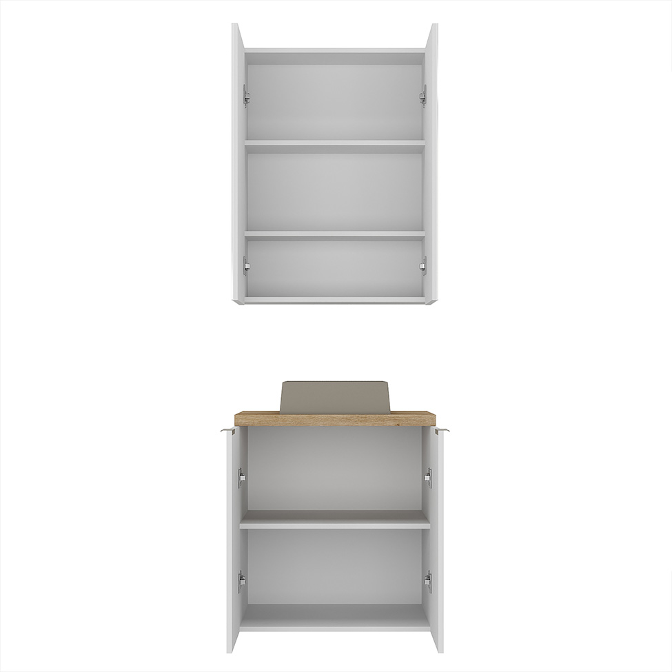 Conjunto de Gabinete e Armário de Banheiro com Espelho Nature I 4 Portas Branco 60 cm