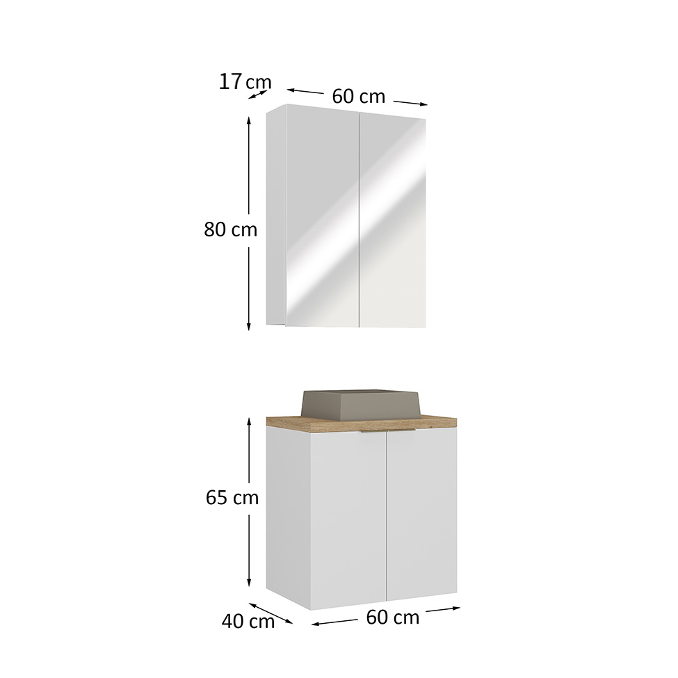 Conjunto de Gabinete e Armário de Banheiro com Espelho Nature I 4 Portas Branco 60 cm