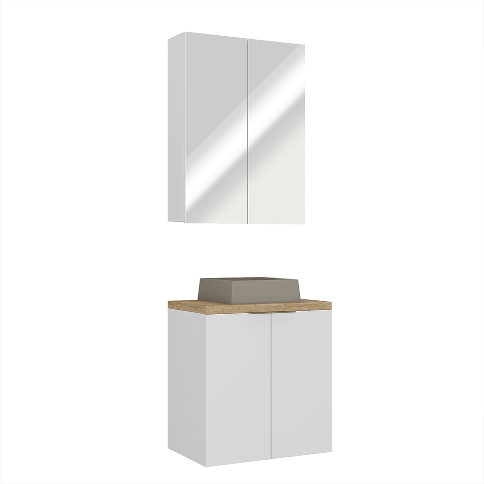 Conjunto de Gabinete e Armário de Banheiro com Espelho Nature I 4 Portas Branco 60 cm