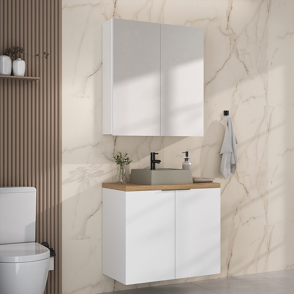 Conjunto de Gabinete e Armário de Banheiro com Espelho Nature I 4 Portas Branco 75 cm