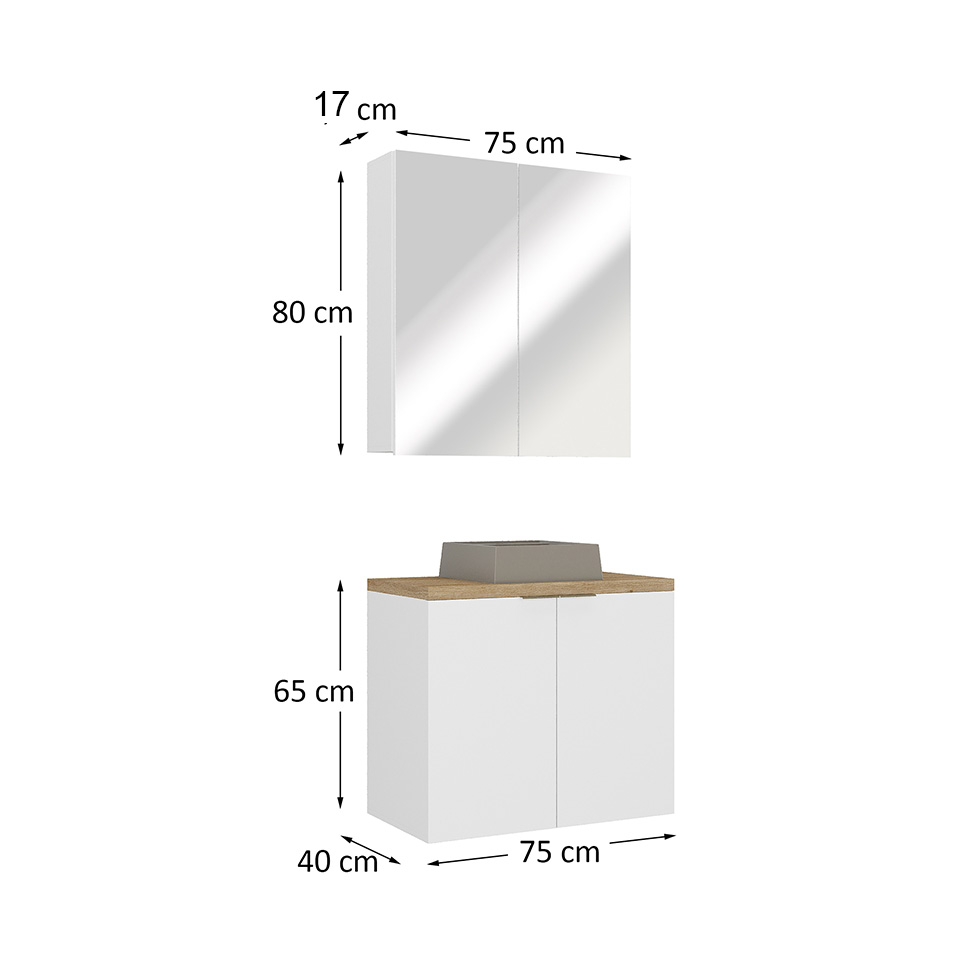 Conjunto de Gabinete e Armário de Banheiro com Espelho Nature I 4 Portas Branco 75 cm