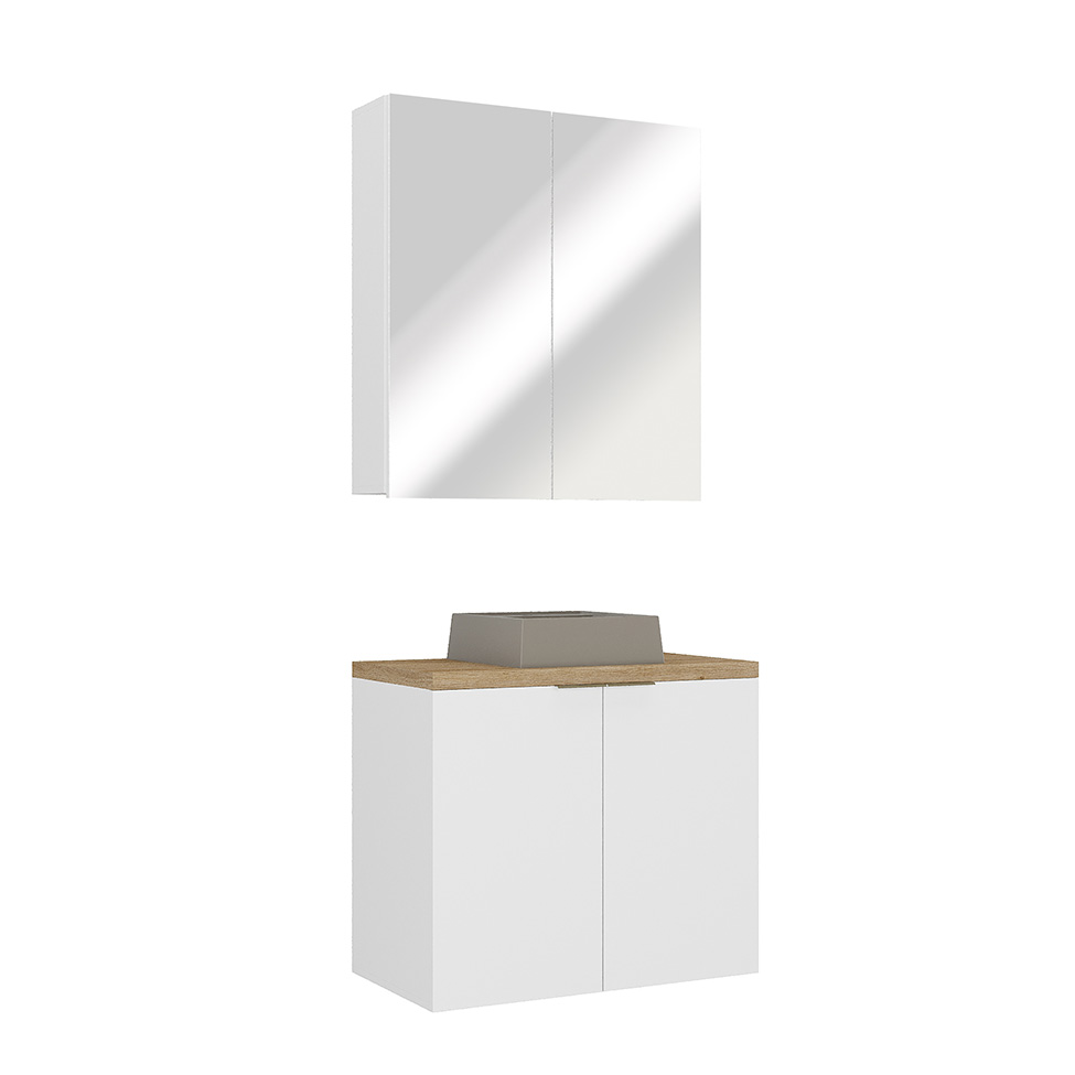 Conjunto de Gabinete e Armário de Banheiro com Espelho Nature I 4 Portas Branco 75 cm