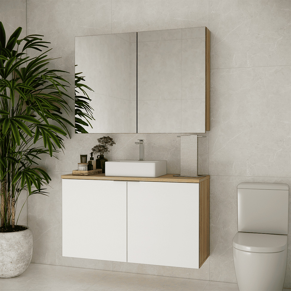 Conjunto de Gabinete e Armário de Banheiro com Espelho Nature I 4 Portas Carvalho e Branco 110 cm