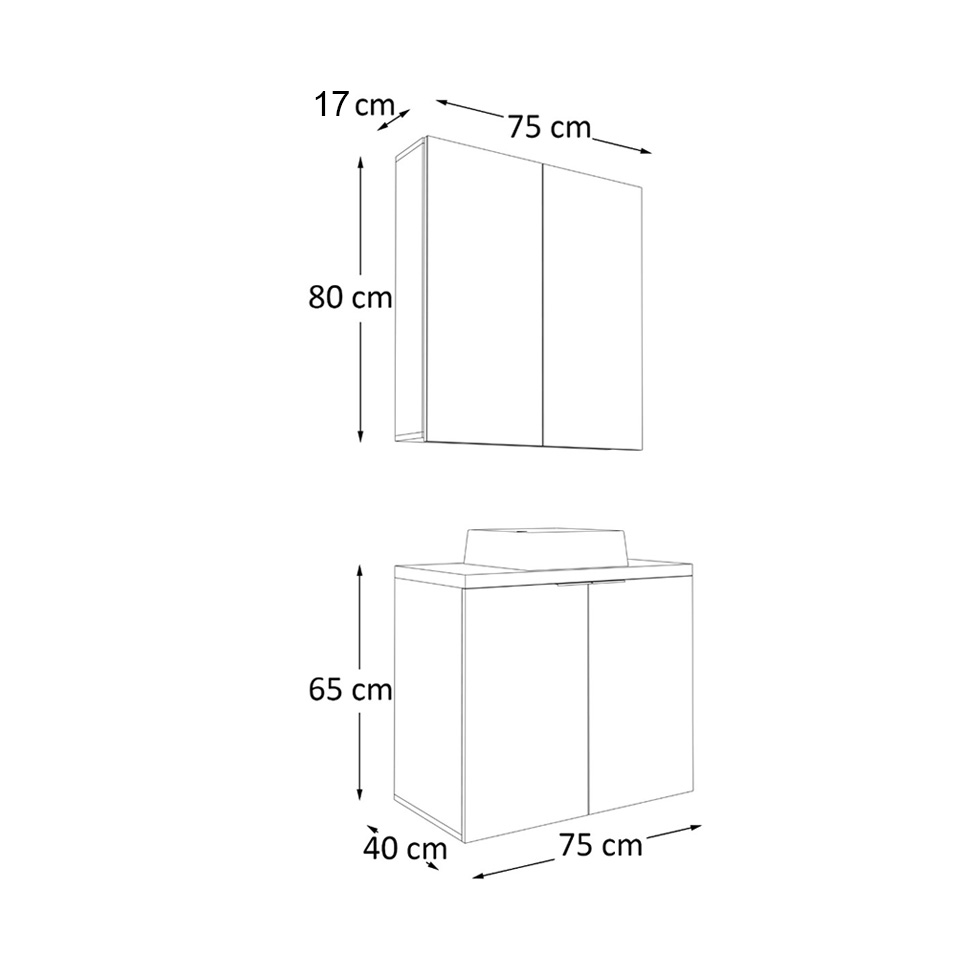 Conjunto de Gabinete e Armário de Banheiro com Espelho Nature I 4 Portas Carvalho e Branco 75 cm