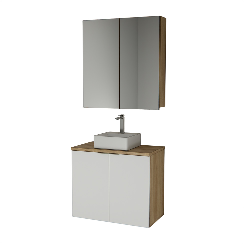 Conjunto de Gabinete e Armário de Banheiro com Espelho Nature I 4 Portas Carvalho e Branco 75 cm