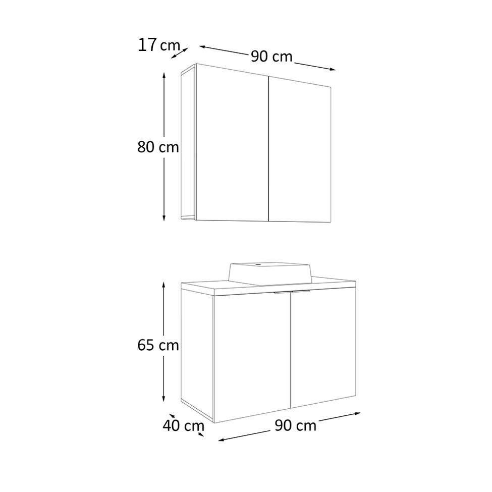 Conjunto de Gabinete e Armário de Banheiro com Espelho Nature I 4 Portas Carvalho e Branco 90 cm
