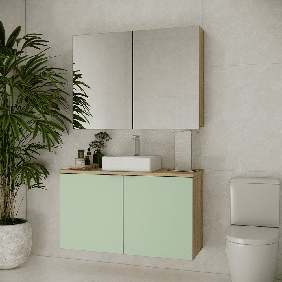 Conjunto de Gabinete e Armário de Banheiro com Espelho Nature I 4 Portas Carvalho e Verde 110 cm