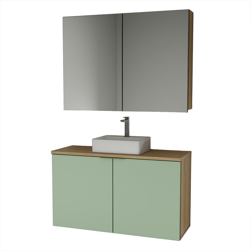 Conjunto de Gabinete e Armário de Banheiro com Espelho Nature I 4 Portas Carvalho e Verde 110 cm
