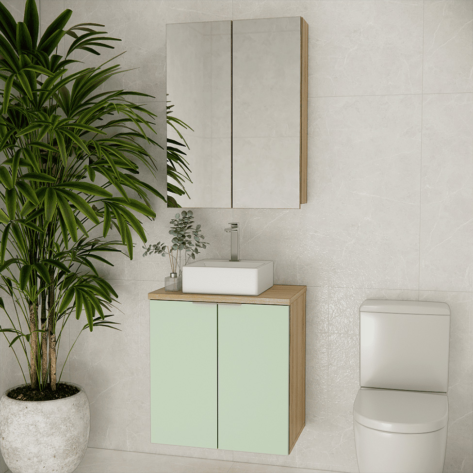 Conjunto de Gabinete e Armário de Banheiro com Espelho Nature I 4 Portas Carvalho e Verde 60 cm