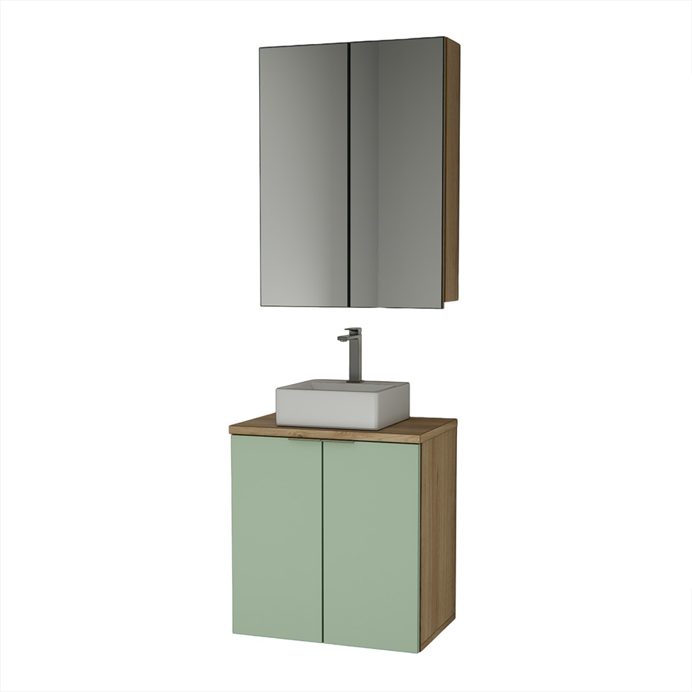 Conjunto de Gabinete e Armário de Banheiro com Espelho Nature I 4 Portas Carvalho e Verde 60 cm