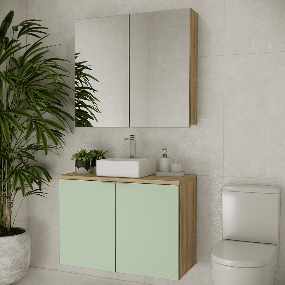 Conjunto de Gabinete e Armário de Banheiro com Espelho Nature I 4 Portas Carvalho e Verde 90 cm
