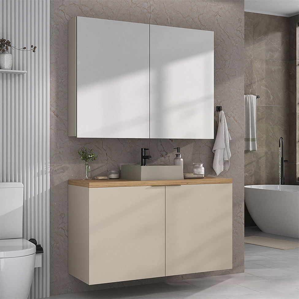 Conjunto de Gabinete e Armário de Banheiro com Espelho Nature I 4 Portas Nude e Carvalho 110 cm
