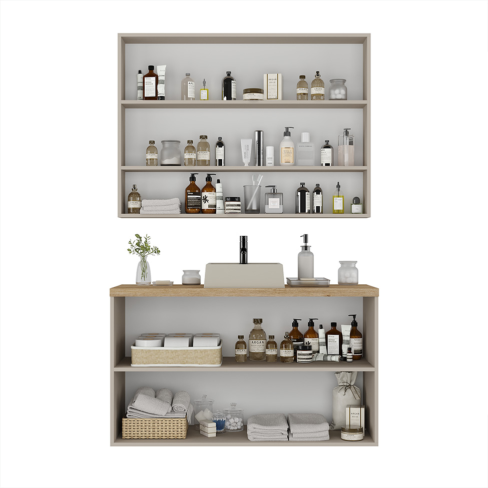 Conjunto de Gabinete e Armário de Banheiro com Espelho Nature I 4 Portas Nude e Carvalho 110 cm