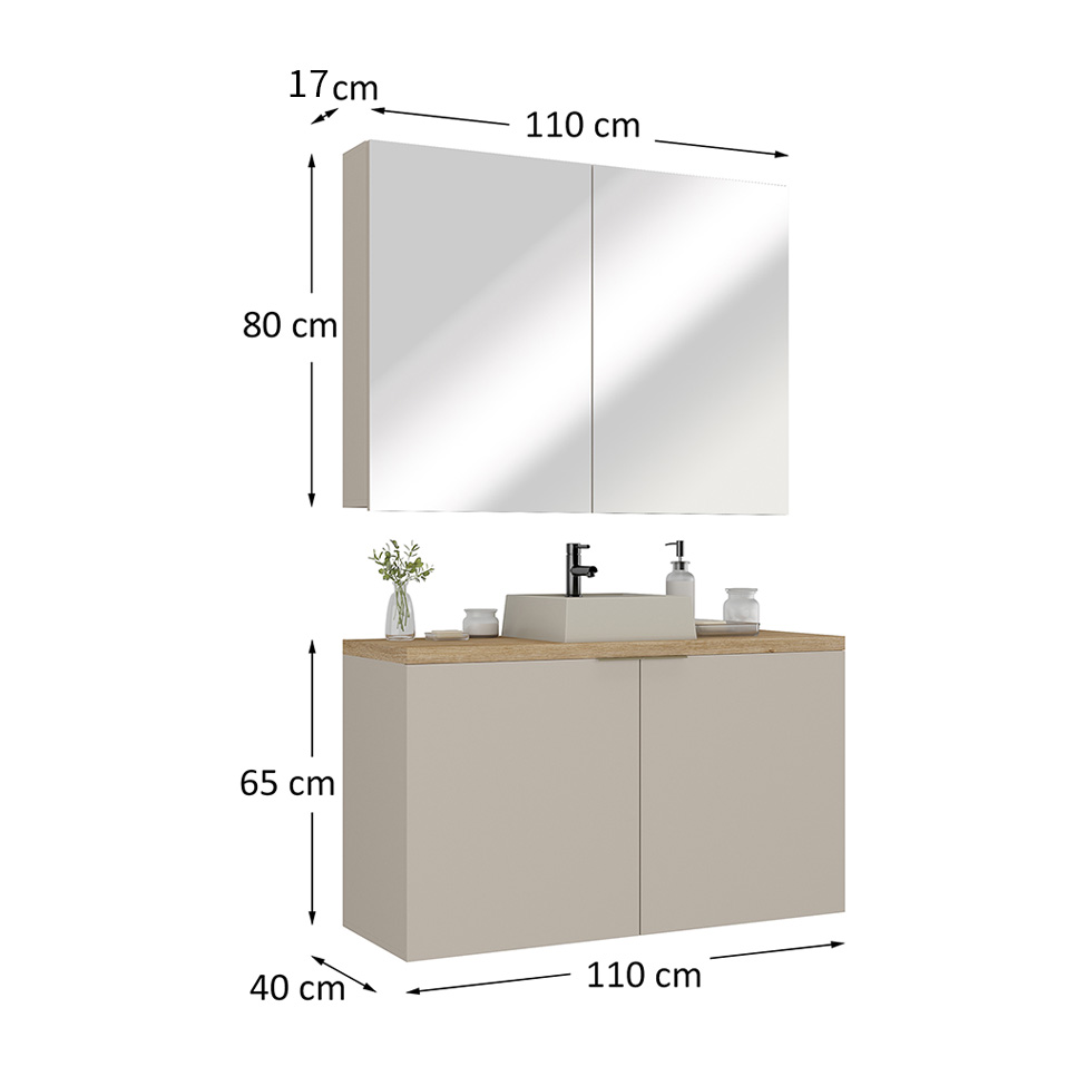 Conjunto de Gabinete e Armário de Banheiro com Espelho Nature I 4 Portas Nude e Carvalho 110 cm