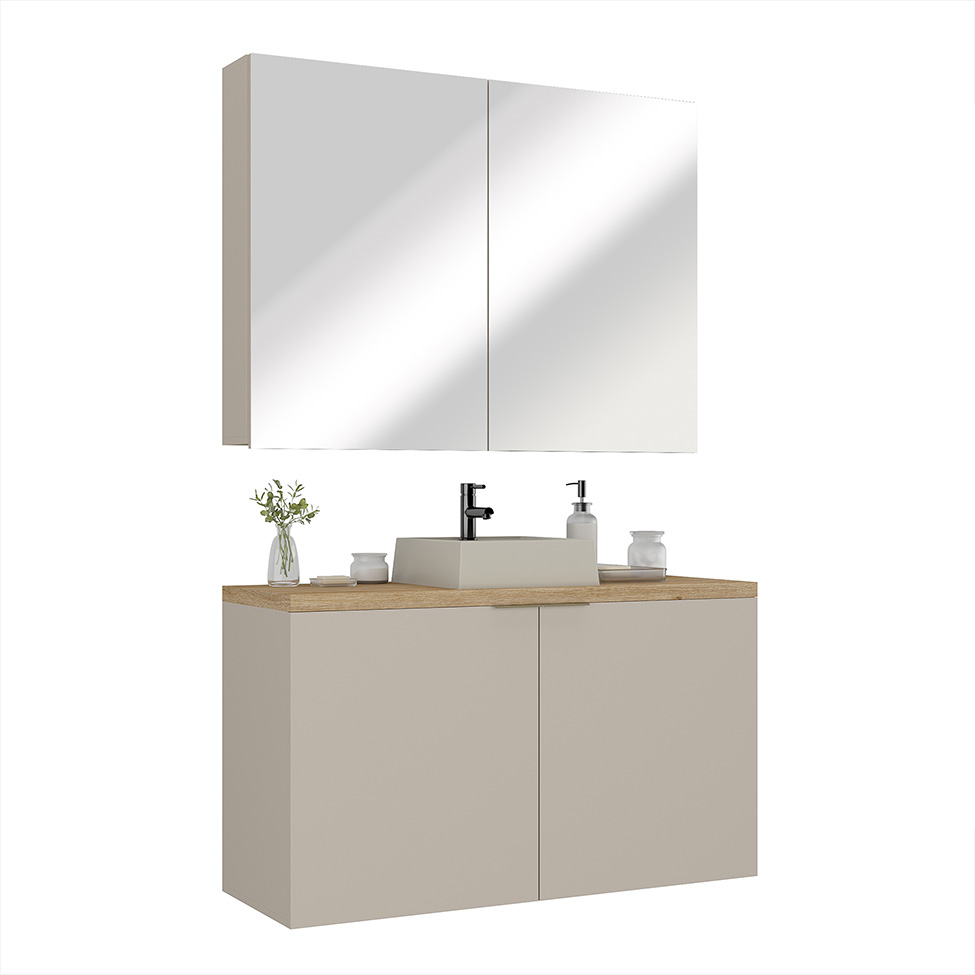 Conjunto de Gabinete e Armário de Banheiro com Espelho Nature I 4 Portas Nude e Carvalho 110 cm