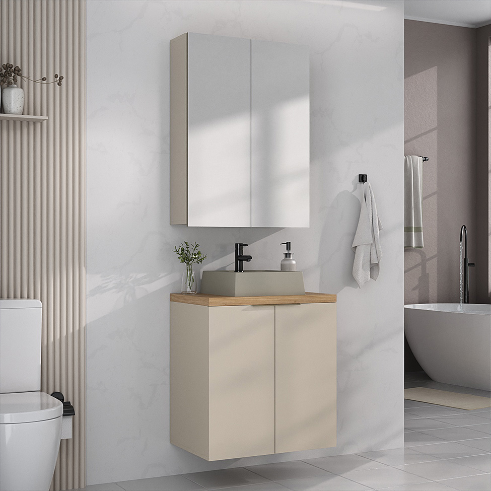 Conjunto de Gabinete e Armário de Banheiro com Espelho Nature I 4 Portas Nude e Carvalho 60 cm