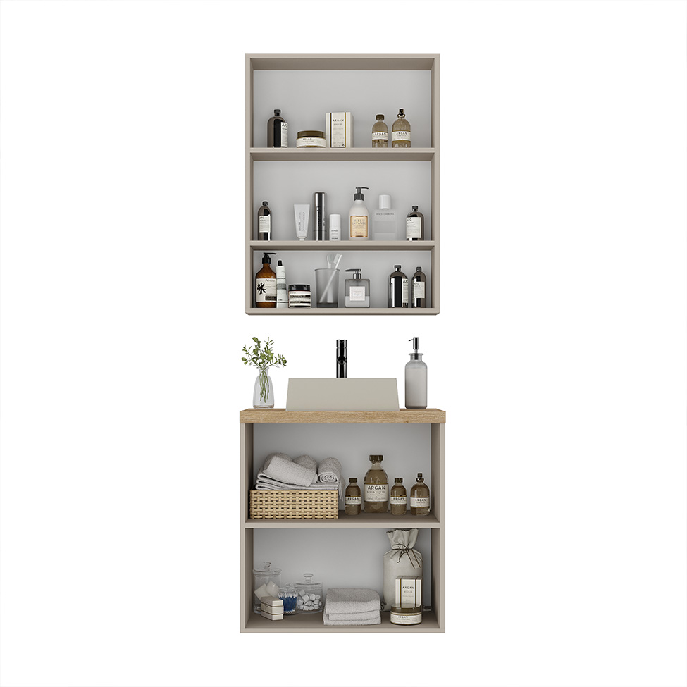 Conjunto de Gabinete e Armário de Banheiro com Espelho Nature I 4 Portas Nude e Carvalho 60 cm