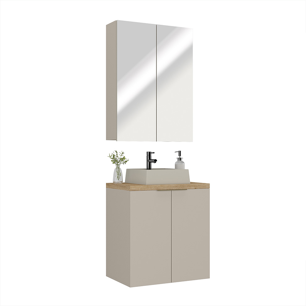 Conjunto de Gabinete e Armário de Banheiro com Espelho Nature I 4 Portas Nude e Carvalho 60 cm