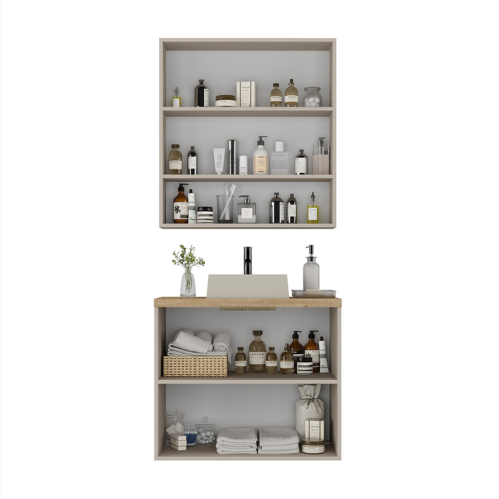 Conjunto de Gabinete e Armário de Banheiro com Espelho Nature I 4 Portas Nude e Carvalho 75 cm