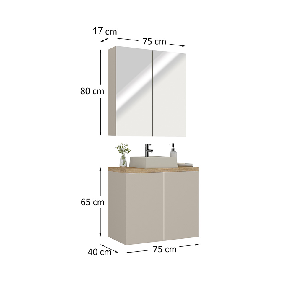 Conjunto de Gabinete e Armário de Banheiro com Espelho Nature I 4 Portas Nude e Carvalho 75 cm