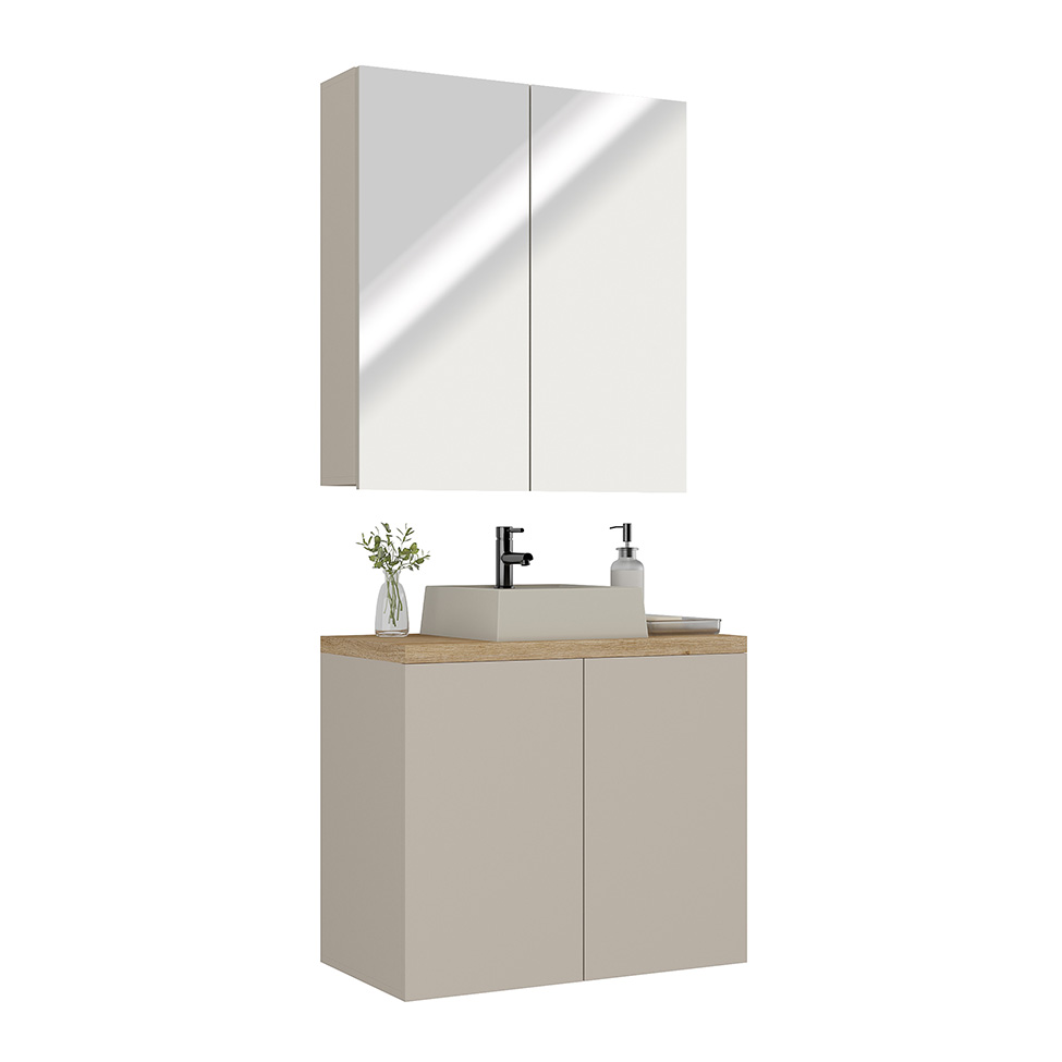 Conjunto de Gabinete e Armário de Banheiro com Espelho Nature I 4 Portas Nude e Carvalho 75 cm