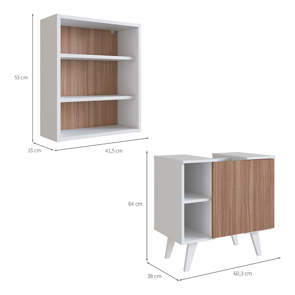 Conjunto de Gabinete e Armário de Banheiro com Espelho Slim 2 PT Branco e Montana