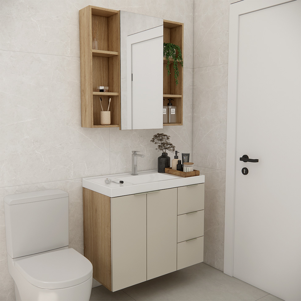 Conjunto de Gabinete e Armário de Banheiro com Espelho Vittare 3 Portas 3 Gavetas Carvalho e Branco