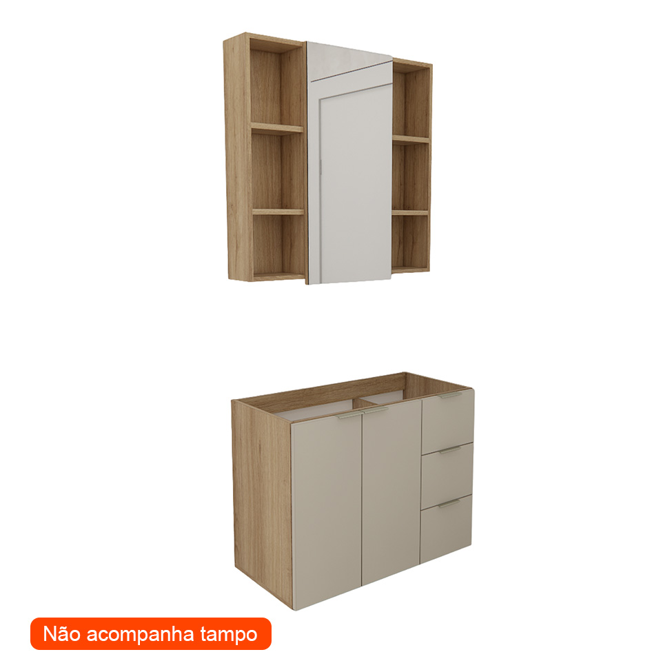 Conjunto de Gabinete e Armário de Banheiro com Espelho Vittare 3 Portas 3 Gavetas Carvalho e Branco