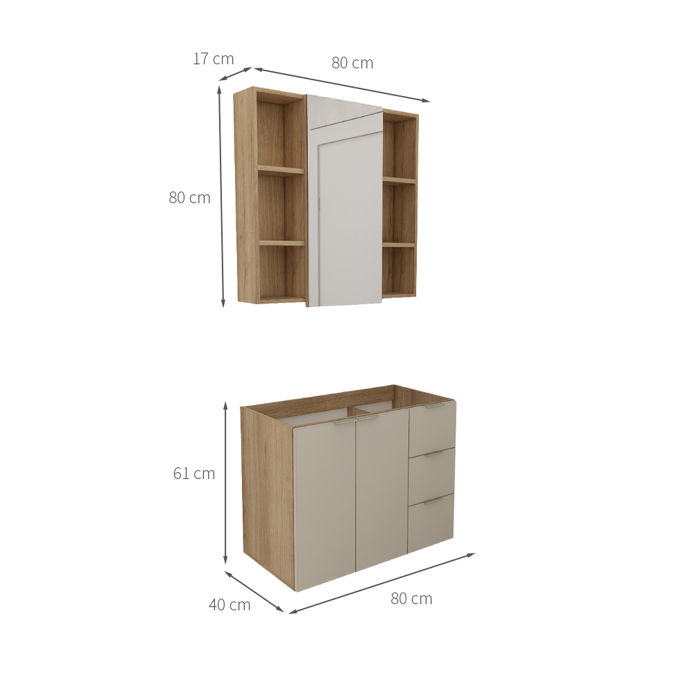 Conjunto de Gabinete e Armário de Banheiro com Espelho Vittare 3 Portas 3 Gavetas Carvalho e Branco
