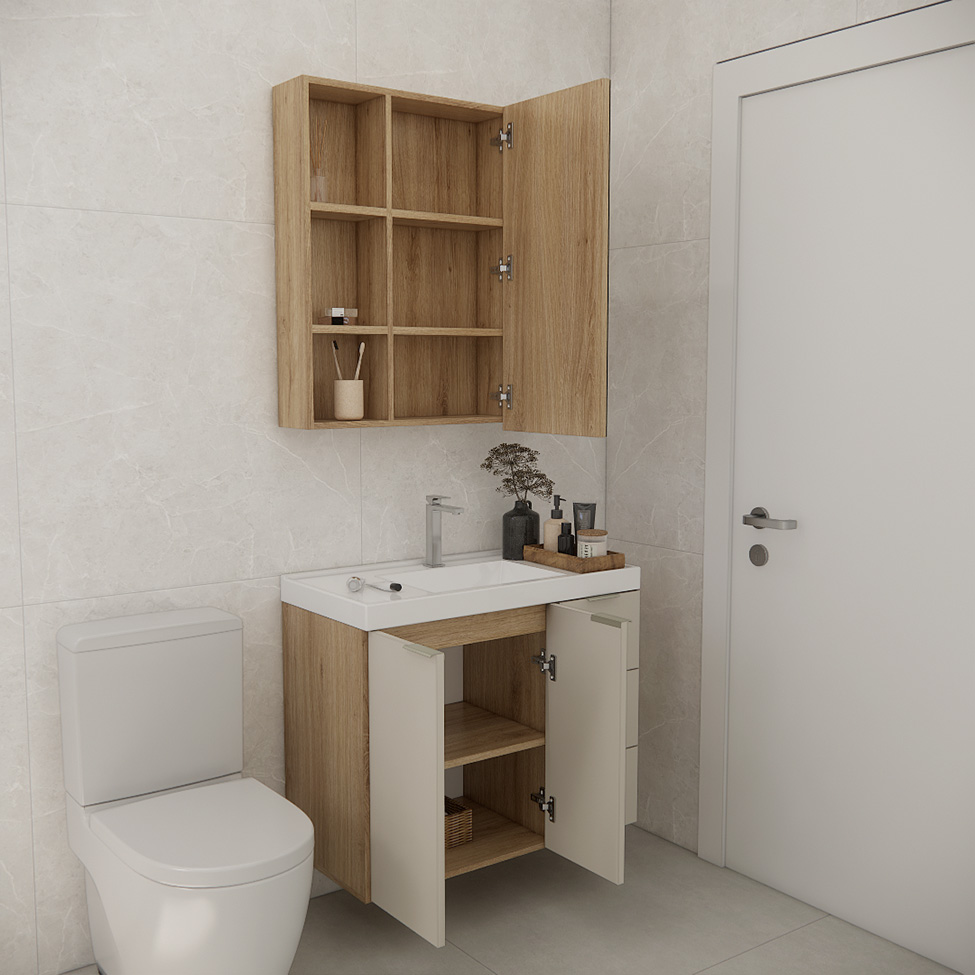 Conjunto de Gabinete e Armário de Banheiro com Espelho Vittare 3 Portas 3 Gavetas Carvalho e Branco