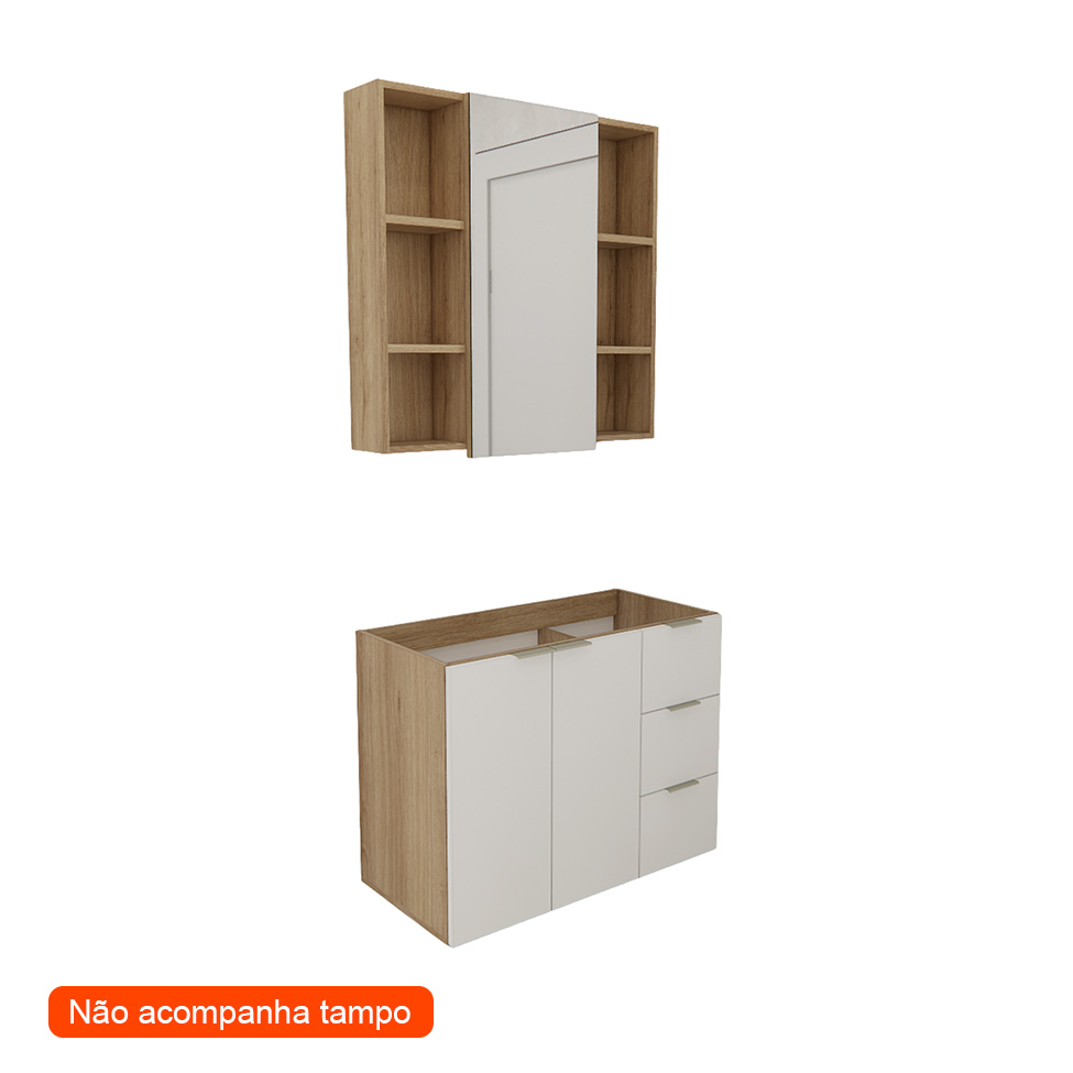 Conjunto de Gabinete e Armário de Banheiro com Espelho Vittare 3 Portas 3 Gavetas Carvalho e Nude