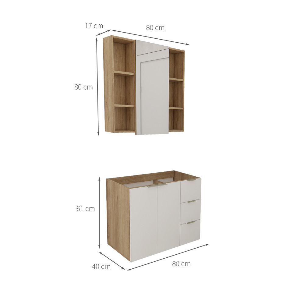 Conjunto de Gabinete e Armário de Banheiro com Espelho Vittare 3 Portas 3 Gavetas Carvalho e Nude