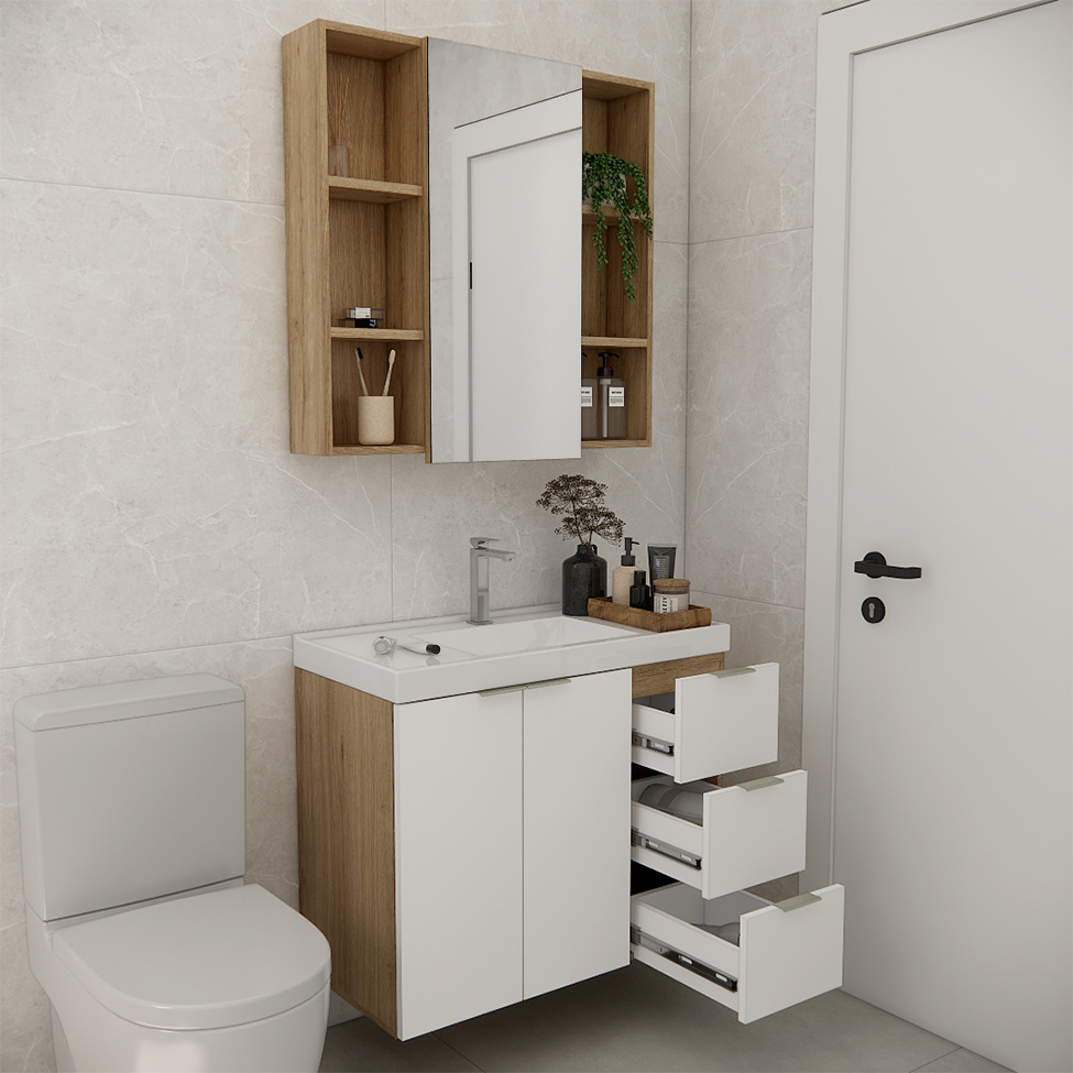 Conjunto de Gabinete e Armário de Banheiro com Espelho Vittare 3 Portas 3 Gavetas Carvalho e Nude