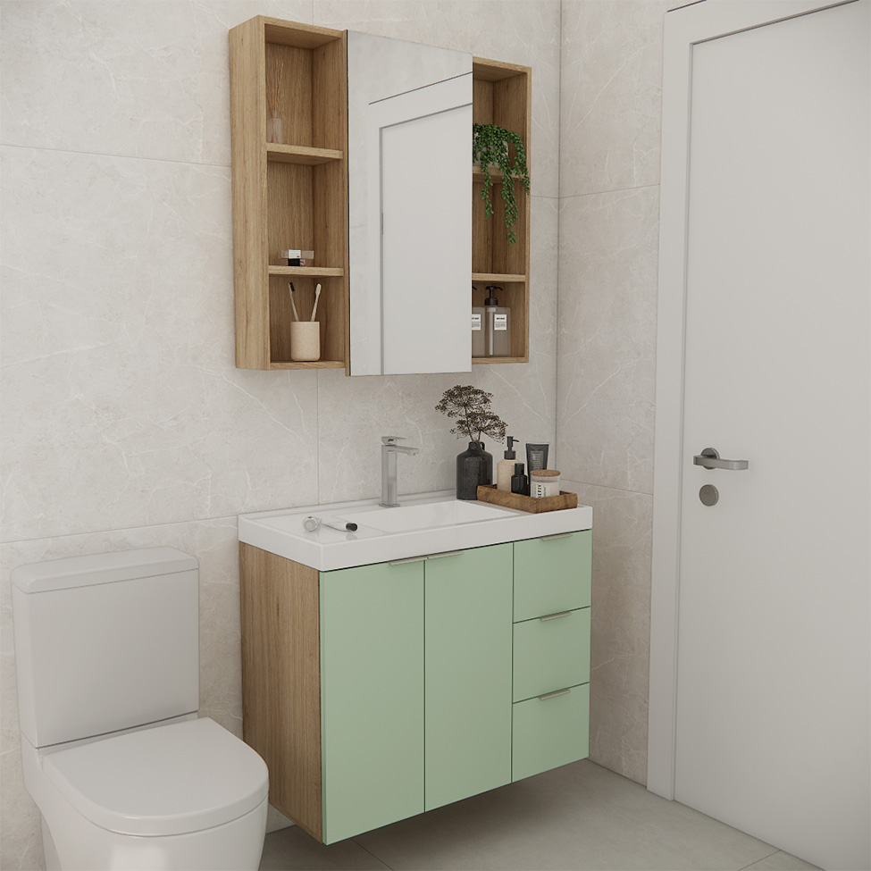 Conjunto de Gabinete e Armário de Banheiro com Espelho Vittare 3 Portas 3 Gavetas Carvalho e Verde