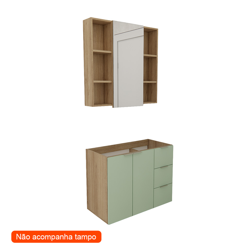 Conjunto de Gabinete e Armário de Banheiro com Espelho Vittare 3 Portas 3 Gavetas Carvalho e Verde