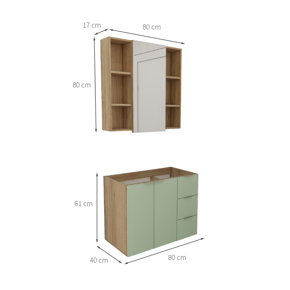 Conjunto de Gabinete e Armário de Banheiro com Espelho Vittare 3 Portas 3 Gavetas Carvalho e Verde
