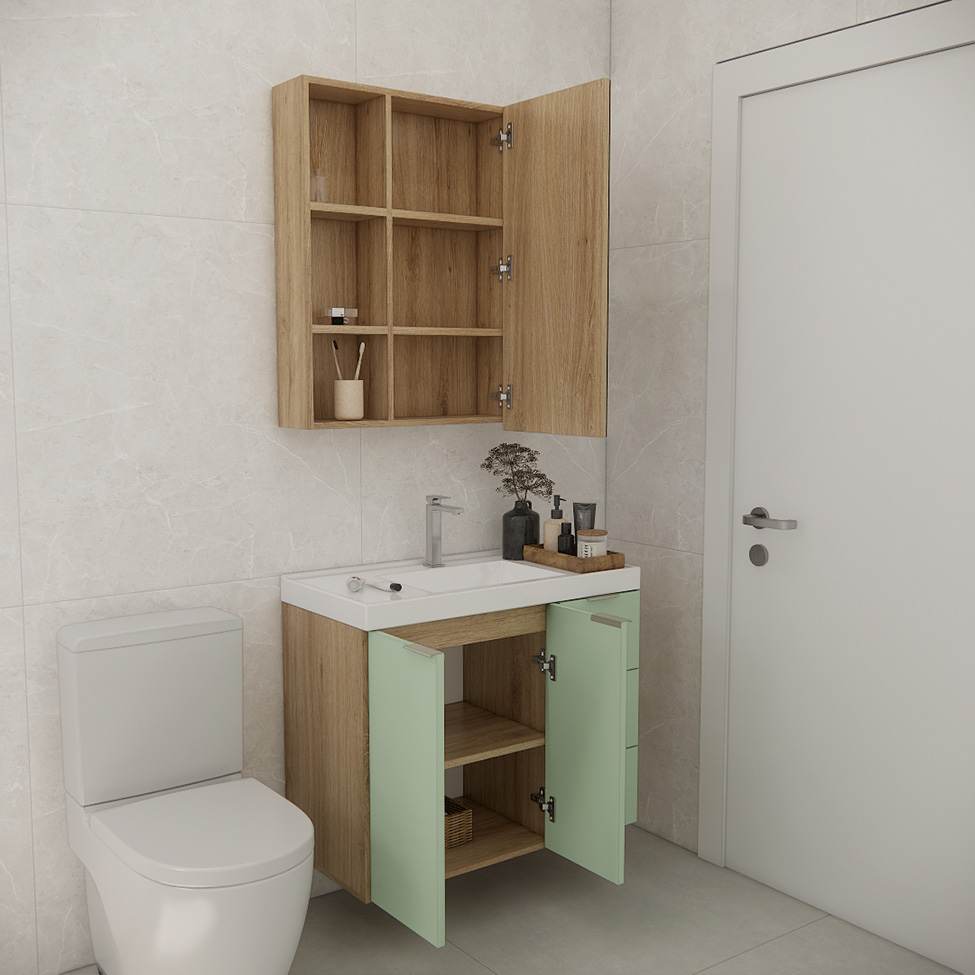 Conjunto de Gabinete e Armário de Banheiro com Espelho Vittare 3 Portas 3 Gavetas Carvalho e Verde