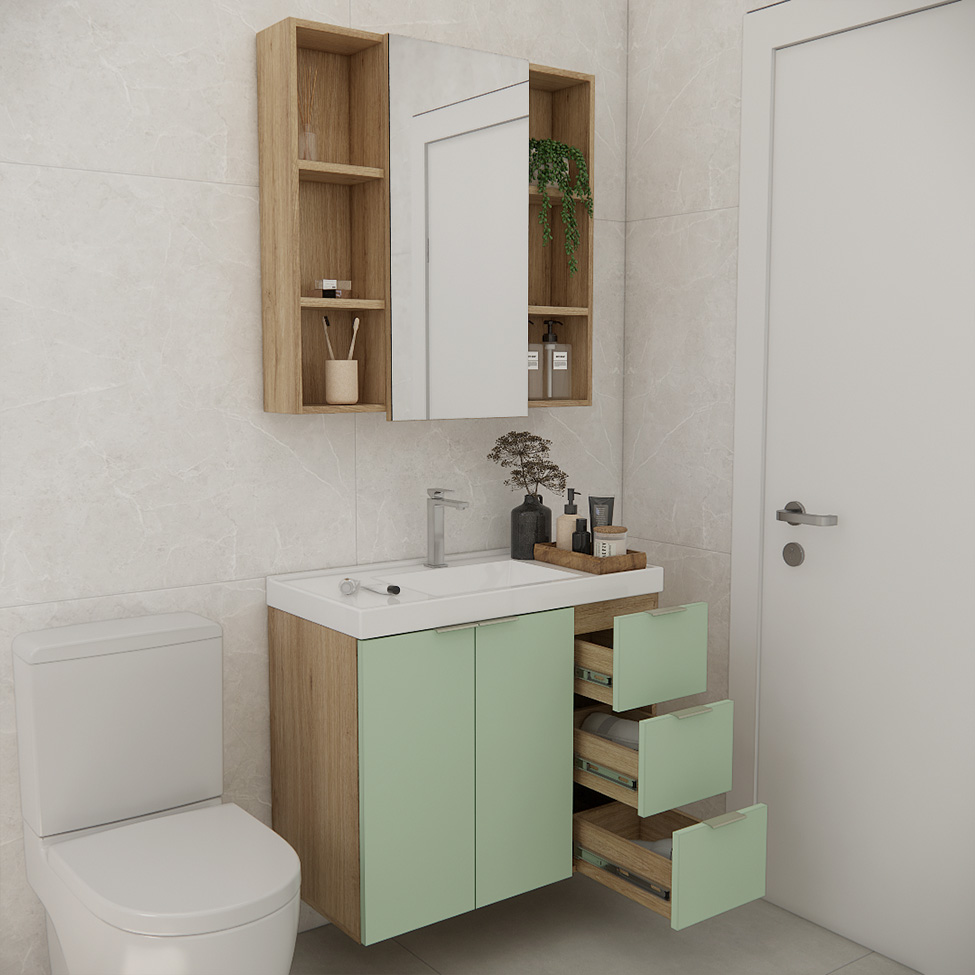 Conjunto de Gabinete e Armário de Banheiro com Espelho Vittare 3 Portas 3 Gavetas Carvalho e Verde