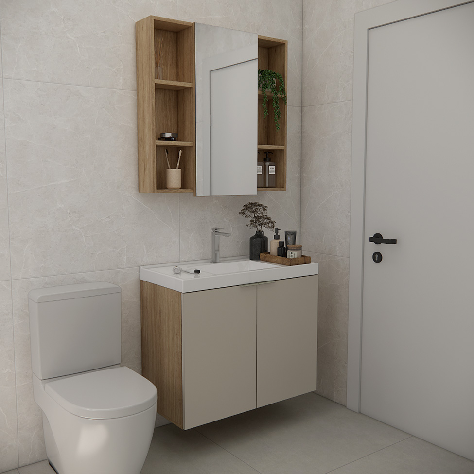 Conjunto de Gabinete e Armário de Banheiro com Espelho Vittare 3 Portas Carvalho e Branco