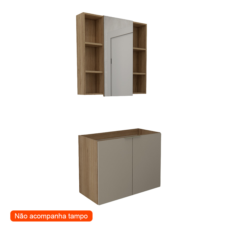 Conjunto de Gabinete e Armário de Banheiro com Espelho Vittare 3 Portas Carvalho e Branco