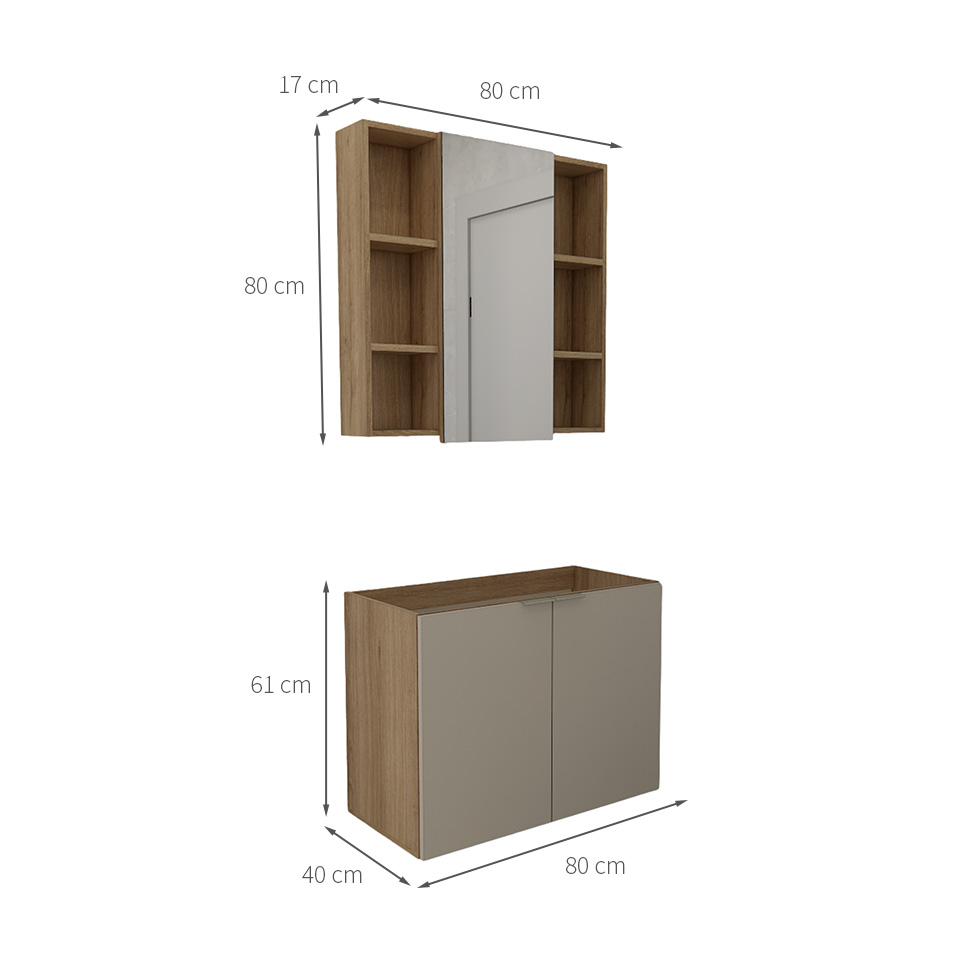 Conjunto de Gabinete e Armário de Banheiro com Espelho Vittare 3 Portas Carvalho e Branco