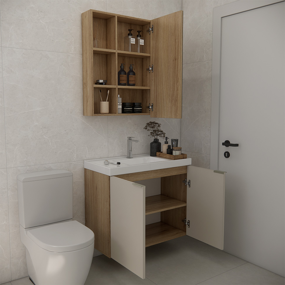 Conjunto de Gabinete e Armário de Banheiro com Espelho Vittare 3 Portas Carvalho e Branco