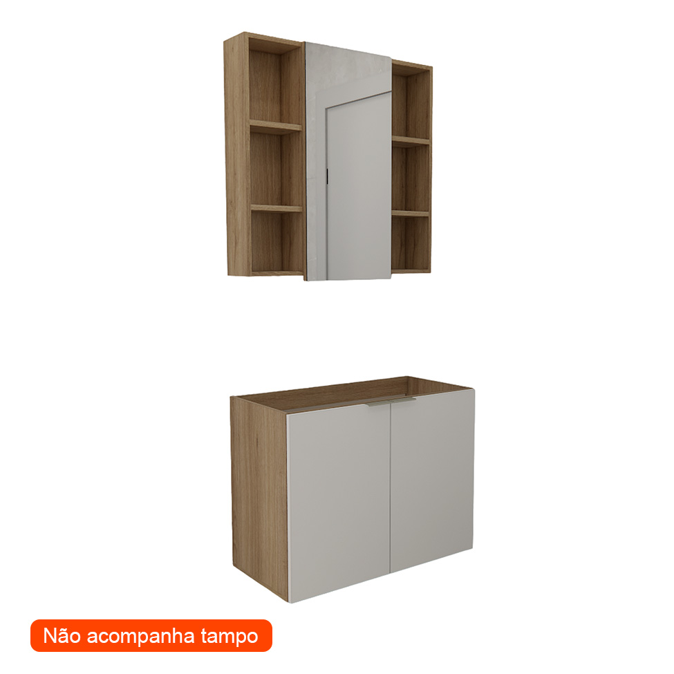 Conjunto de Gabinete e Armário de Banheiro com Espelho Vittare 3 Portas Carvalho e Nude