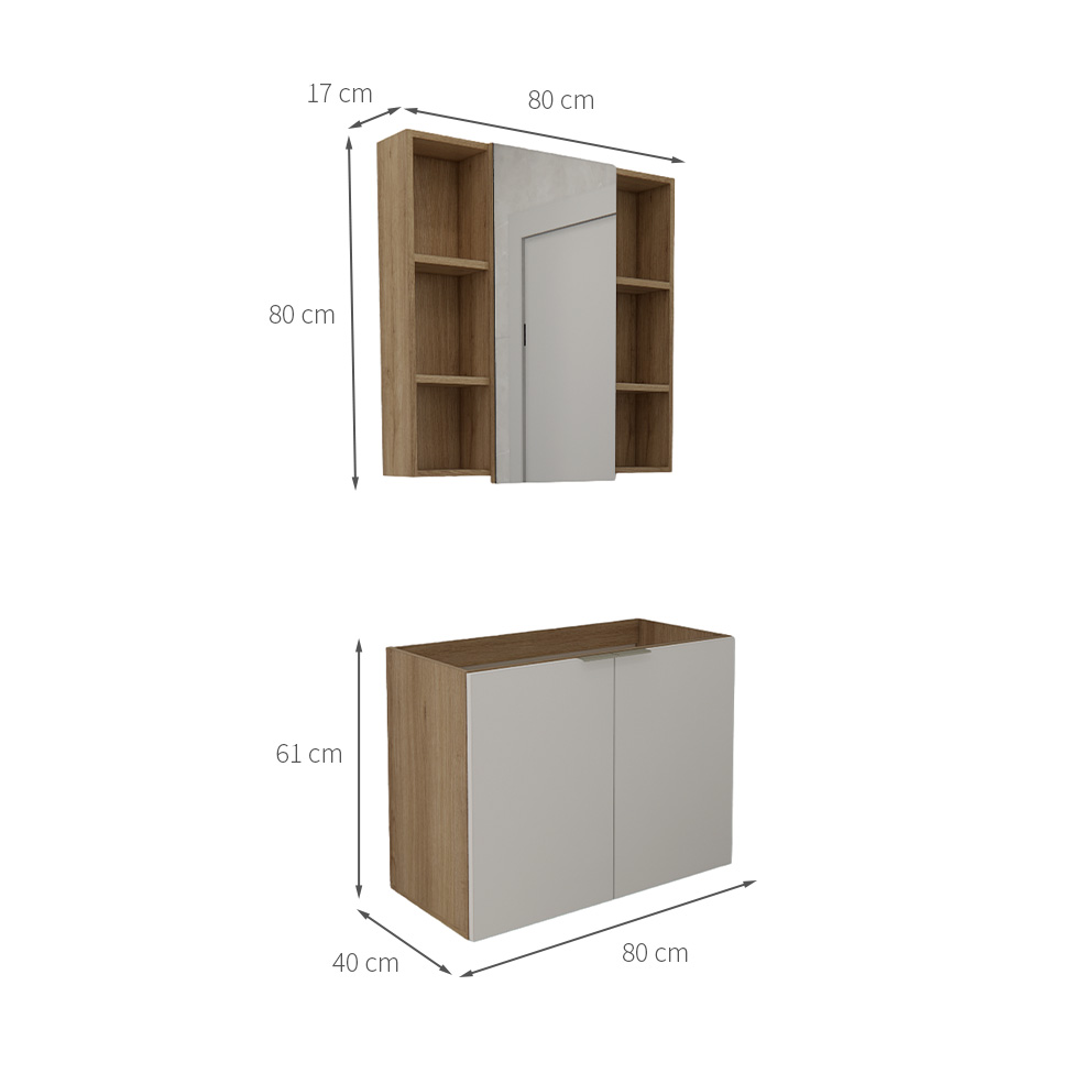 Conjunto de Gabinete e Armário de Banheiro com Espelho Vittare 3 Portas Carvalho e Nude