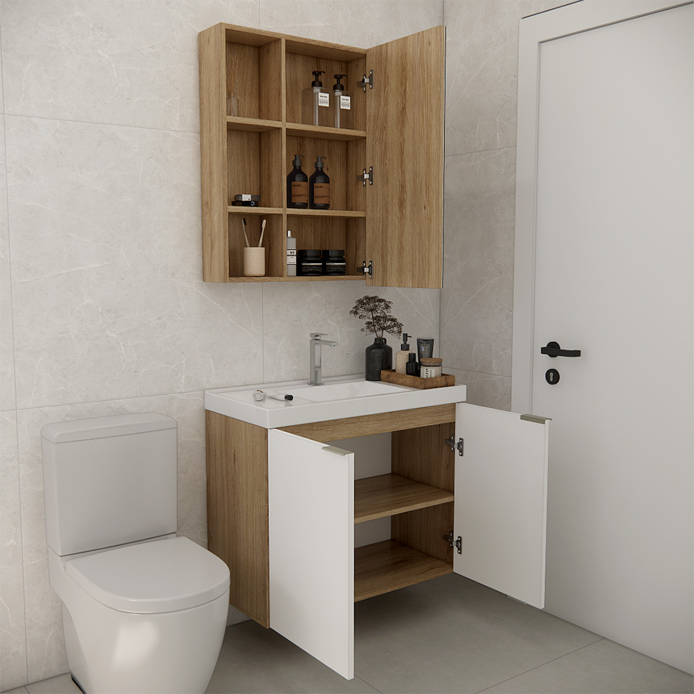 Conjunto de Gabinete e Armário de Banheiro com Espelho Vittare 3 Portas Carvalho e Nude