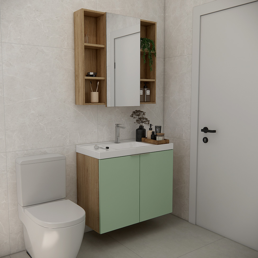 Conjunto de Gabinete e Armário de Banheiro com Espelho Vittare 3 Portas Carvalho e Verde