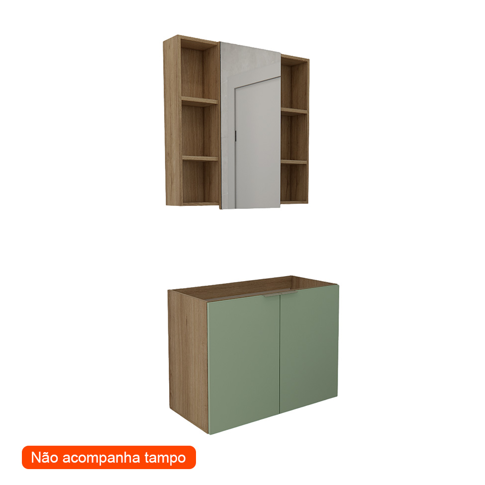 Conjunto de Gabinete e Armário de Banheiro com Espelho Vittare 3 Portas Carvalho e Verde
