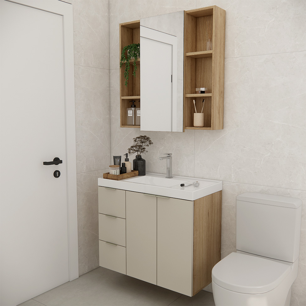 Conjunto de Gabinete e Armário de Banheiro com Espelho Vittare I 3 Portas 3 Gavetas Carvalho e Branco