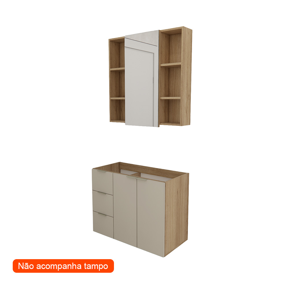 Conjunto de Gabinete e Armário de Banheiro com Espelho Vittare I 3 Portas 3 Gavetas Carvalho e Branco