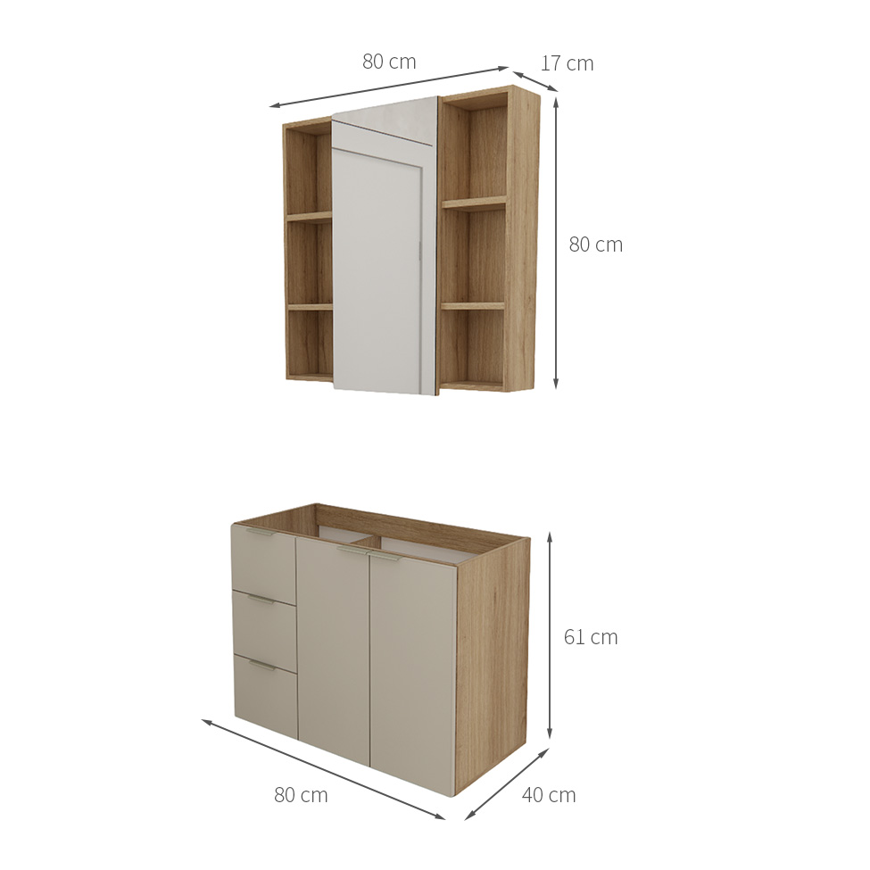 Conjunto de Gabinete e Armário de Banheiro com Espelho Vittare I 3 Portas 3 Gavetas Carvalho e Branco